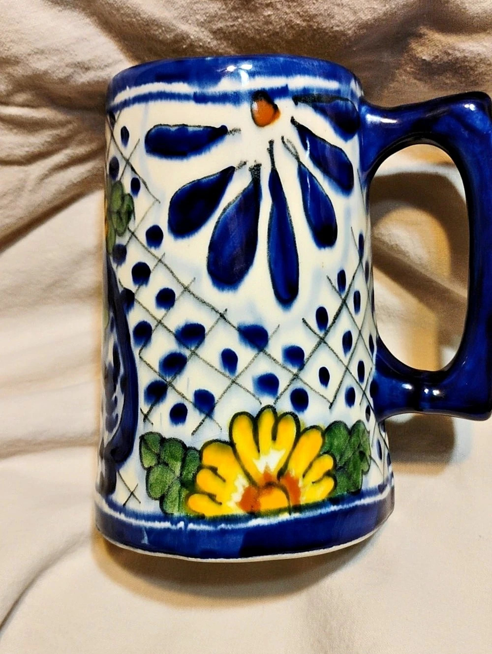 Mexico Hand-Painted Takeover Floral Ceramic Mug in Blue & Yellow